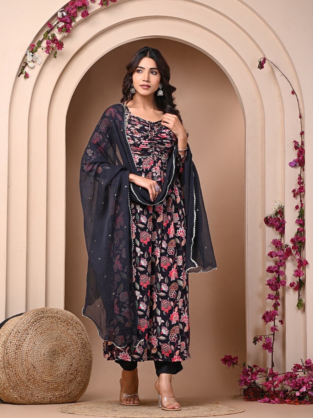 Black 3 Pc Chinnon & Shantoon Padded Suit Set